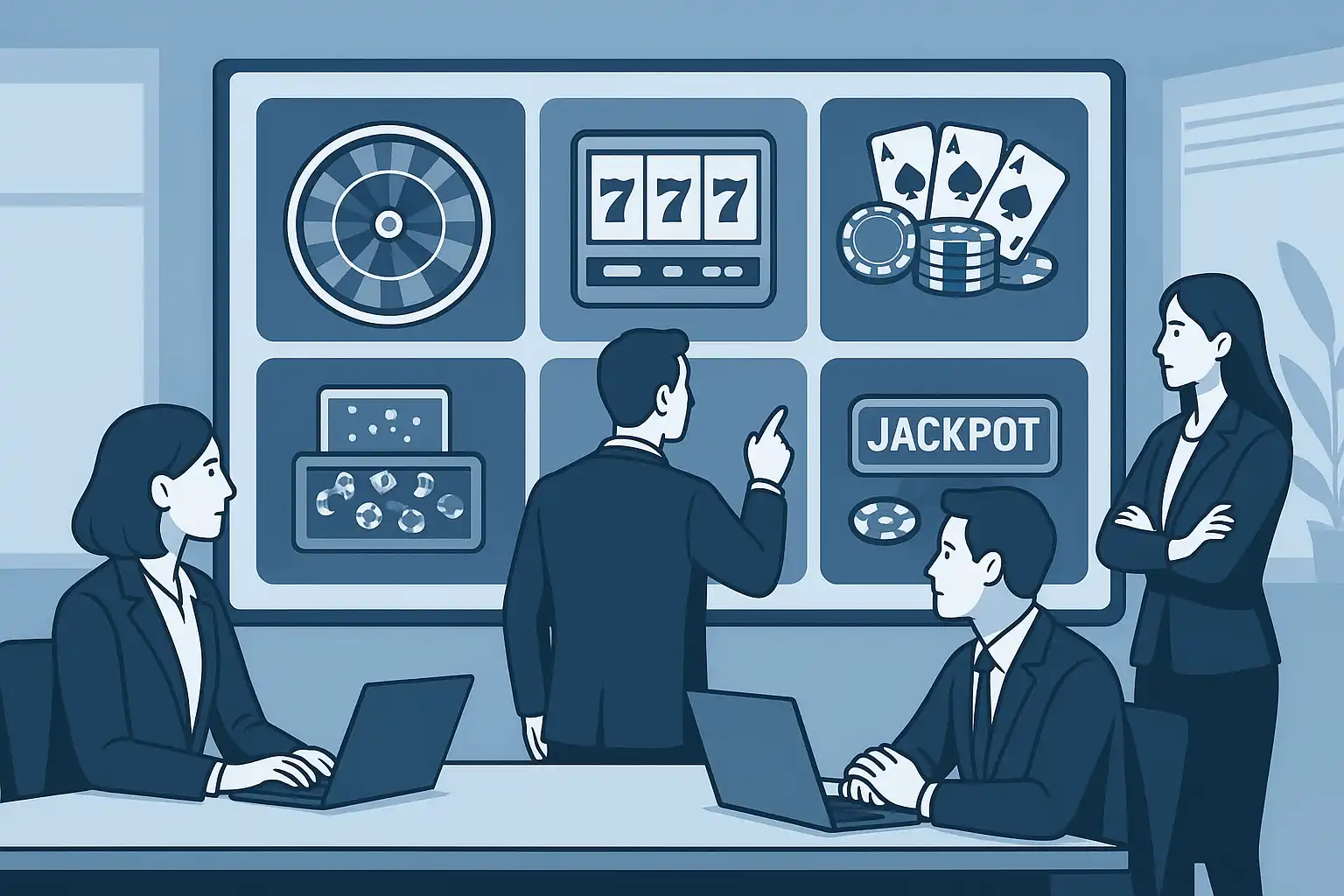 Team of casino staff reviewing game selection on a large screen in a bright office