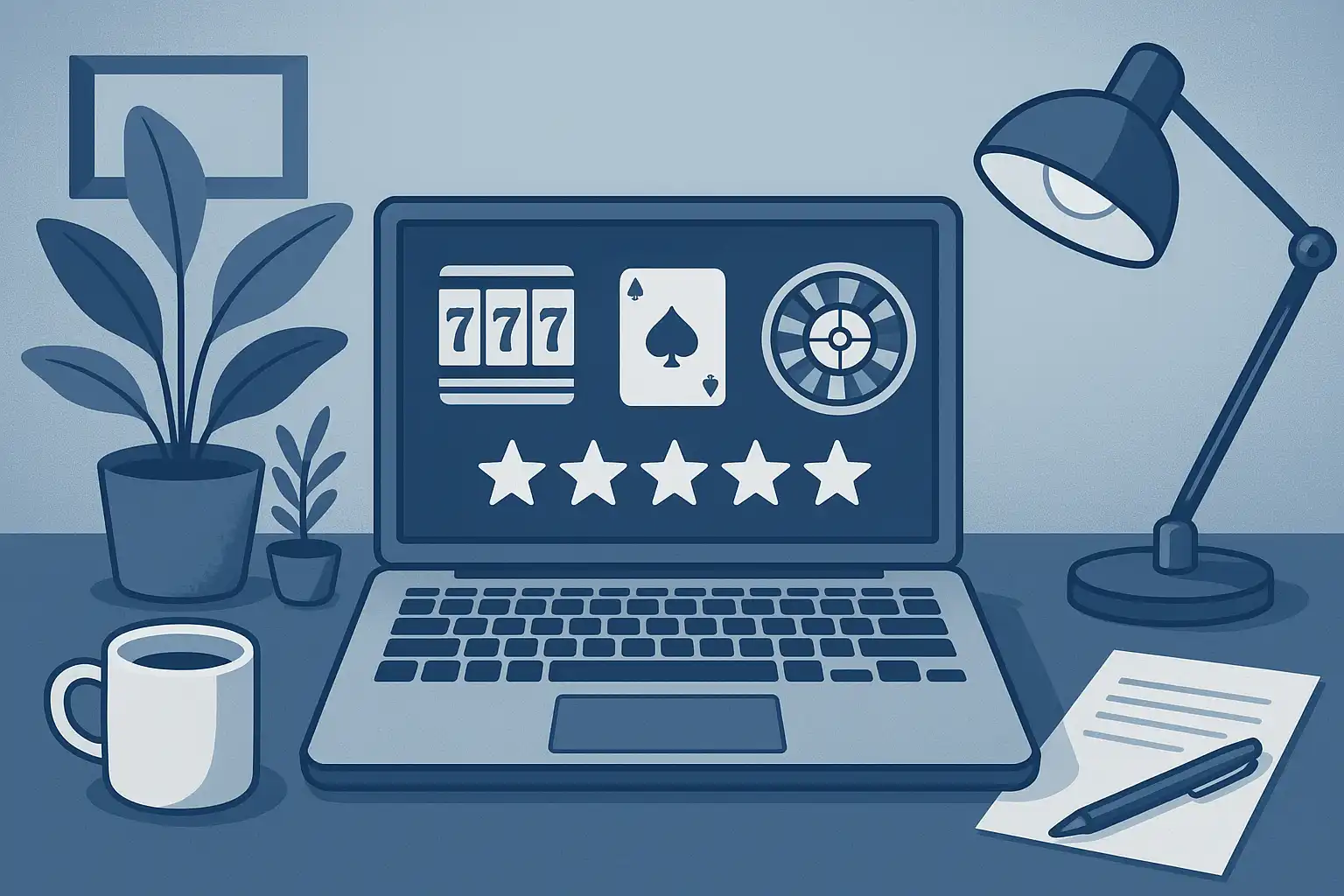 Reviewer's desk with a laptop showing casino game icons and a star rating graphic